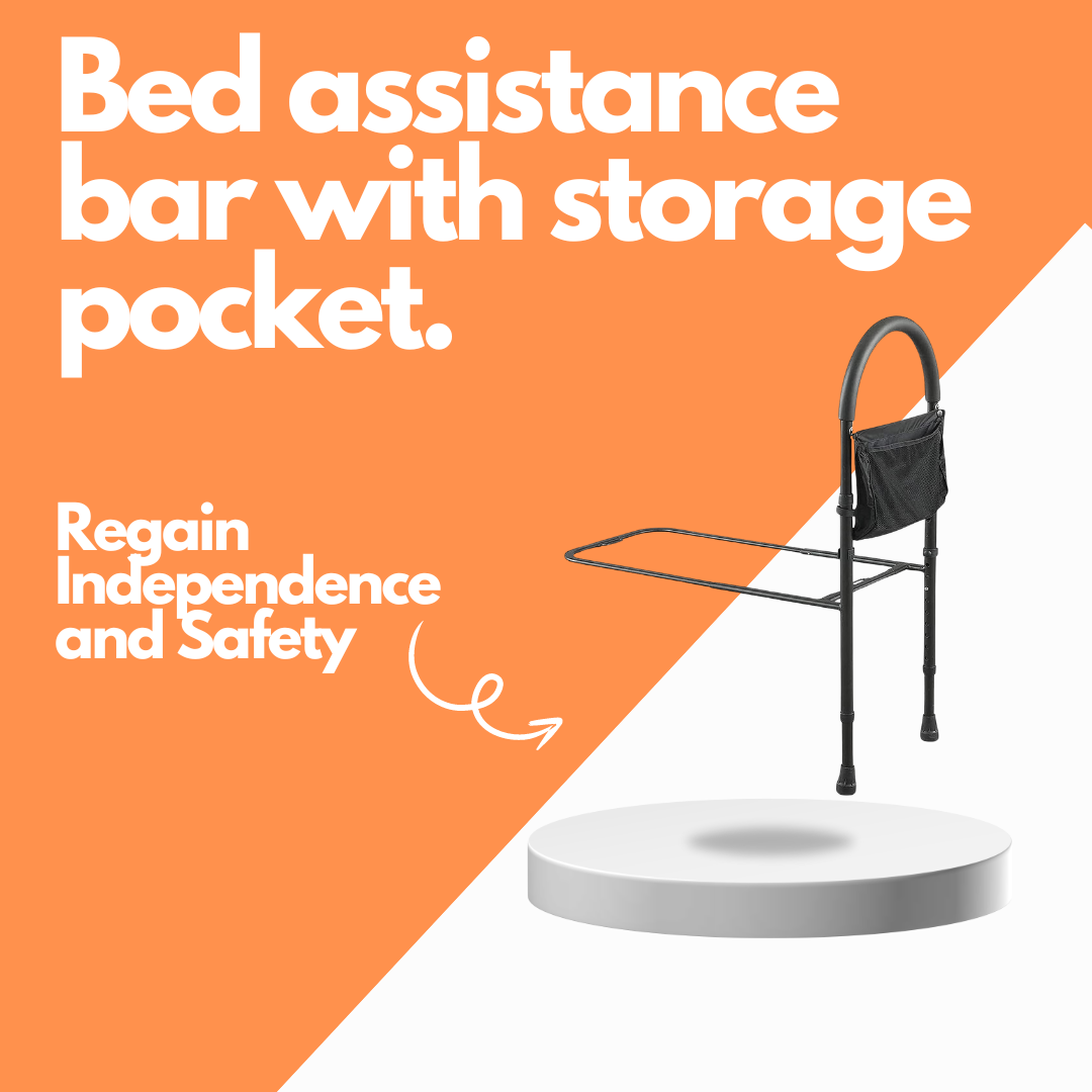 Bed assistance bar with storage pocket