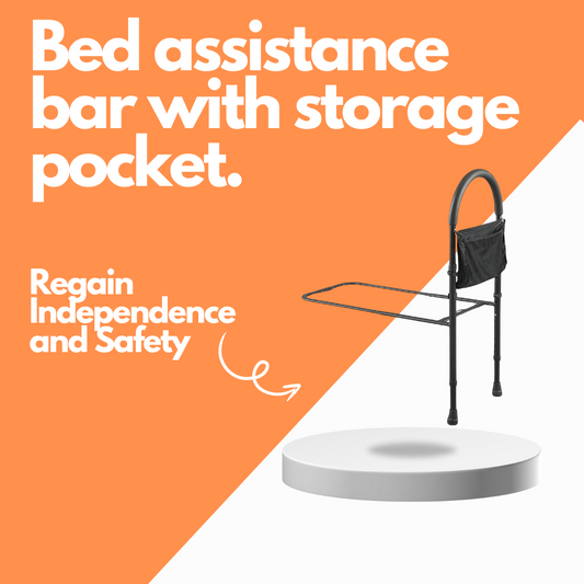 Bed assistance bar with storage pocket